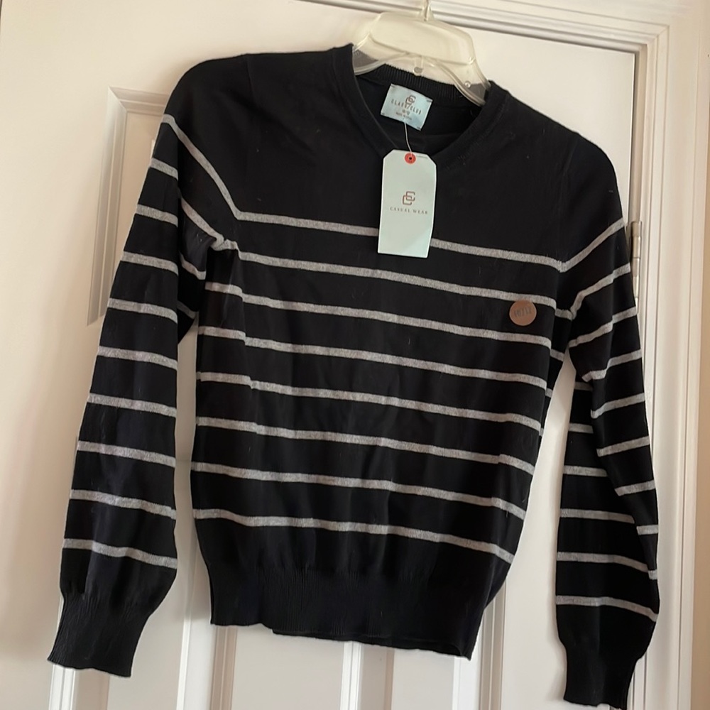 Boys Sweater Medium 10 12 Grey Stripes Cotton Blend NEW